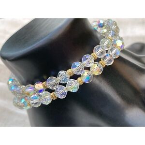 Vintage AB Beaded Coil Wire Bracelet Aurora Borealis Iridescent Sparkly